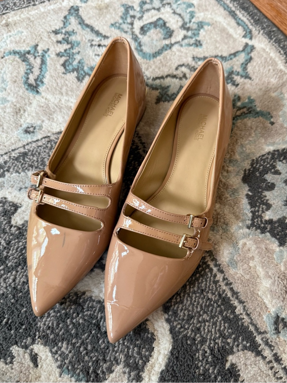 Michael Kors Nude Patent Pointed Mary Jane Flats with Double Straps